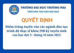 Điểm trúng tuyển vào các ngành đào tạo trình độ thạc sĩ khóa 29B Kỳ tuyển sinh cao học đợt 3 - tháng 10 năm 2023