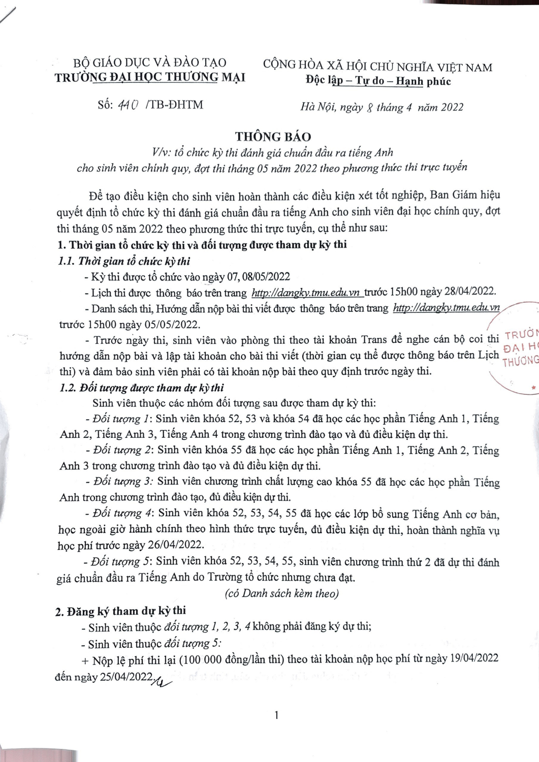 LỊCH THI CHUẨN ĐẦU RA TIẾNG ANH THÁNG 5/2022